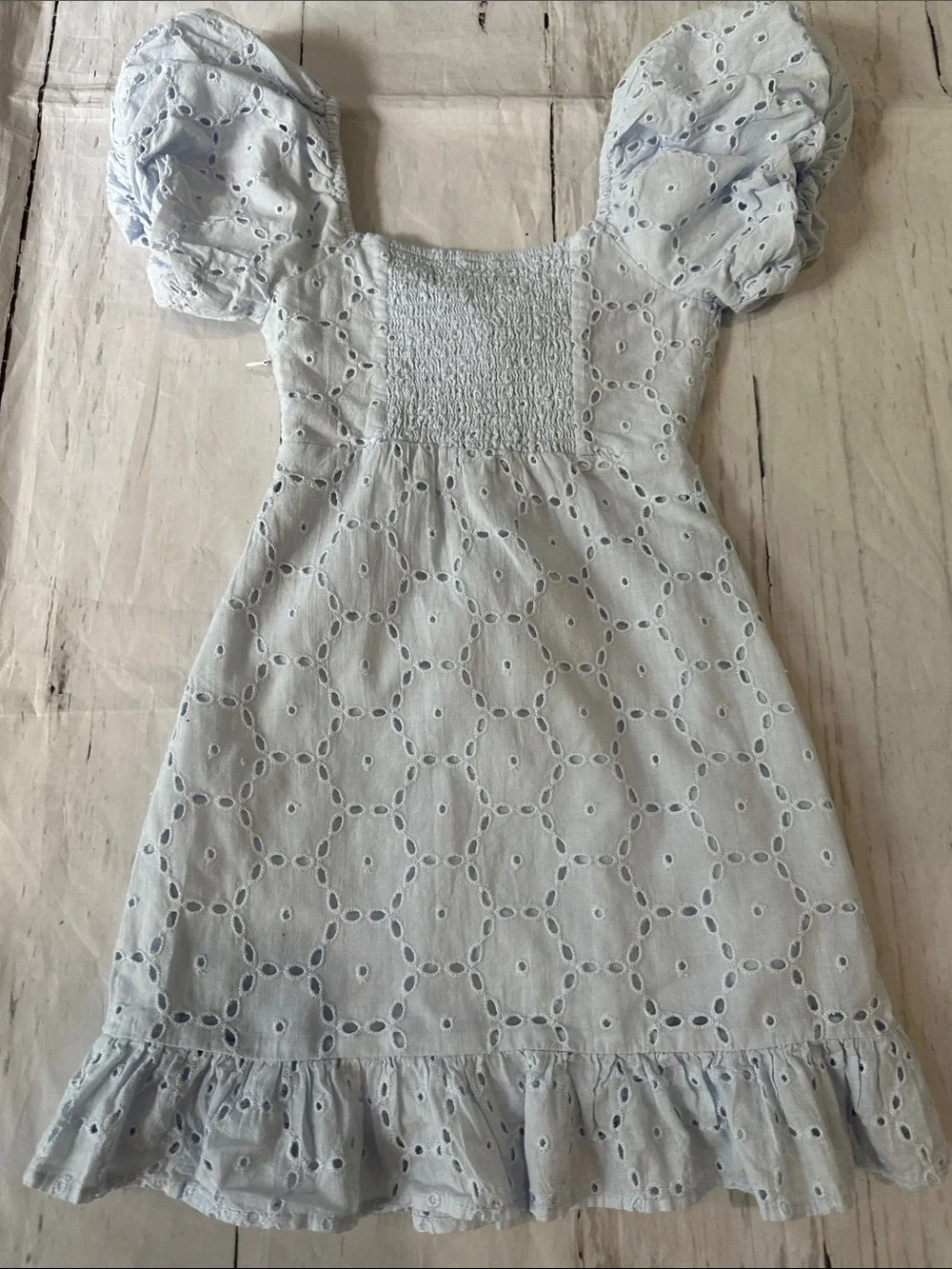 Katie J NYC Phoebe pale Blue Eyelet Puff Sleeve Dress fits like a 6 Small tween